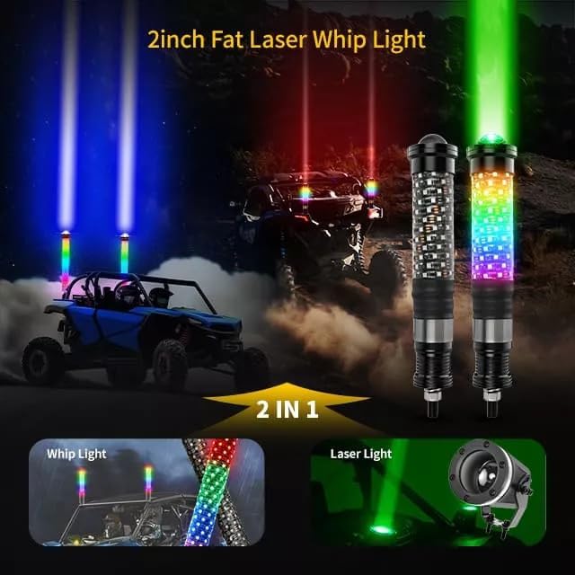 2-in-1 RGB LED Whip Lights + Laser Beam, 2PCS 1FT