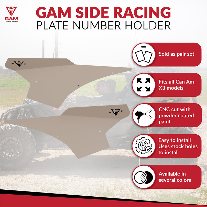 GAM Can am Maverick X3 2017-23 Side Racing Number Plates Holder Pair