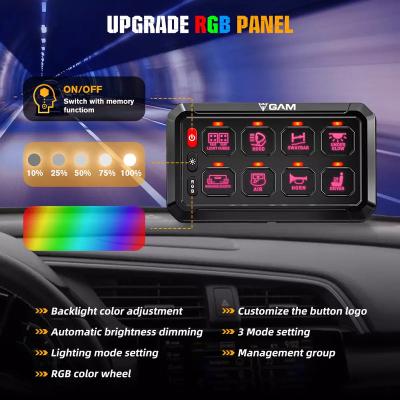 8 Gang Switch Panel Kit Universal ON/OFF LED RGB Phone Controll For Jeep UTV SXS